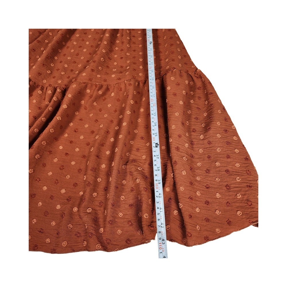 Shein Rust Brown Swiss Dot‎ Smocked Midi Dress Boho Tiered Short Puff Sleeve M 6 - Picture 6 of 11